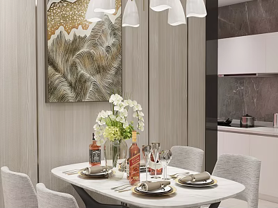 Modern Dining Table Set With Chairs Vase Flowers And Pendant Lights Wall Art 3d model