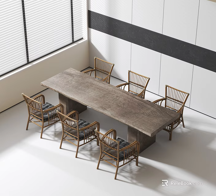 Modern Dining Table Set With Wooden Surface And Rattan Chairs In Minimalist Interior 3d model 