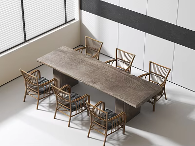 Modern Dining Table Set With Wooden Surface And Rattan Chairs In Minimalist Interior 3d model