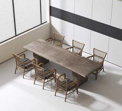 Modern Dining Table Set With Wooden Surface And Rattan Chairs In Minimalist Interior 3d model