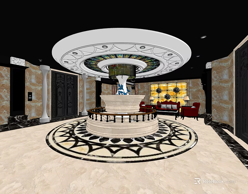 Luxurious KTV Lobby Interior With Circular Ceiling Chandelier Sofa Area Marble Floor And Decorative Columns 3d model 