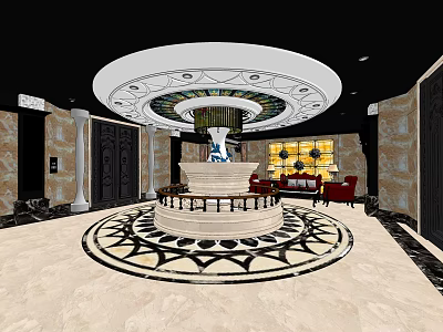 Luxurious KTV Lobby Interior With Circular Ceiling Chandelier Sofa Area Marble Floor And Decorative Columns 3d model