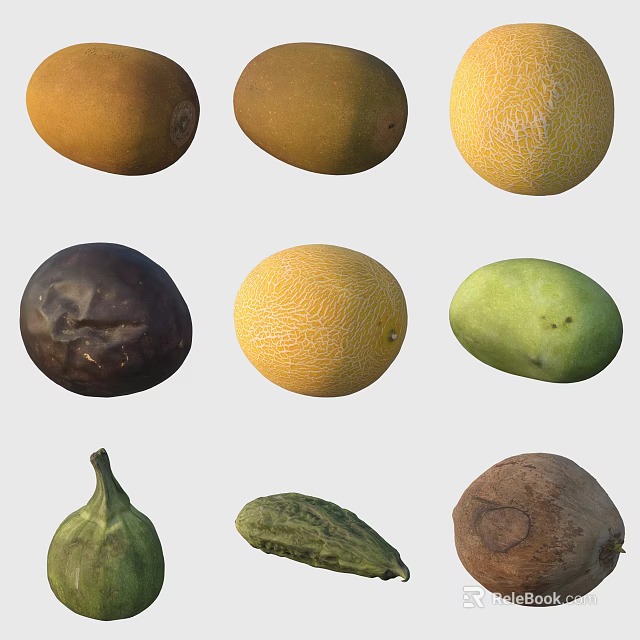 Assorted Fresh Tropical Fruits Showcase With Mangoes Cantaloupes Coconuts Figs And Avocados 3d model 