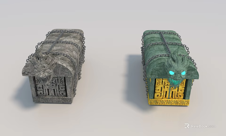 Ancient Ornate Treasure Chests With Dragon Carvings Chains And Glowing Eyes 3d model 