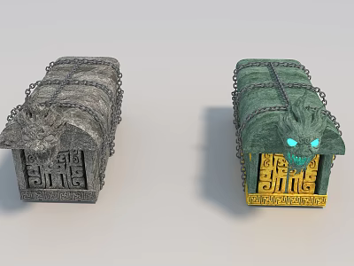 Ancient Ornate Treasure Chests With Dragon Carvings Chains And Glowing Eyes 3d model