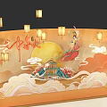 Traditional Mid-Autumn Decorative Backdrop With Lanterns Moon Palace Figure And Clouds 3d model