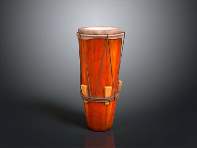 Traditional Orange Wooden Drum With Rope Bound Design And Cylindrical Shape 3d model