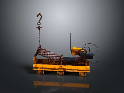 Yellow Utility Vehicle Mechanical Winch System With Metal Hook And Frame 3d model