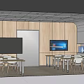 School Cafeteria Modern Open Kitchen With Wooden Tables Chairs And TV Screens