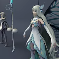 Elegant Fantasy Game Characters With Butterfly Wings White Outfit And Magic Staff