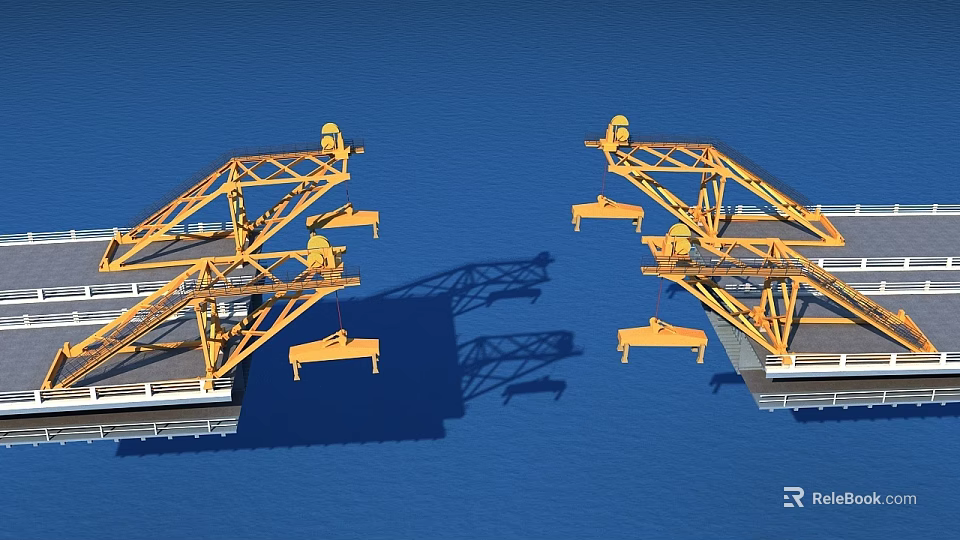 Industrial Equipment Yellow Cranes With Metal Structures And Blue Background Shadows 3d model 