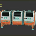 Three Parallel Orange White Industrial Equipment Units With Blue Panels And Support Legs Numbered 04