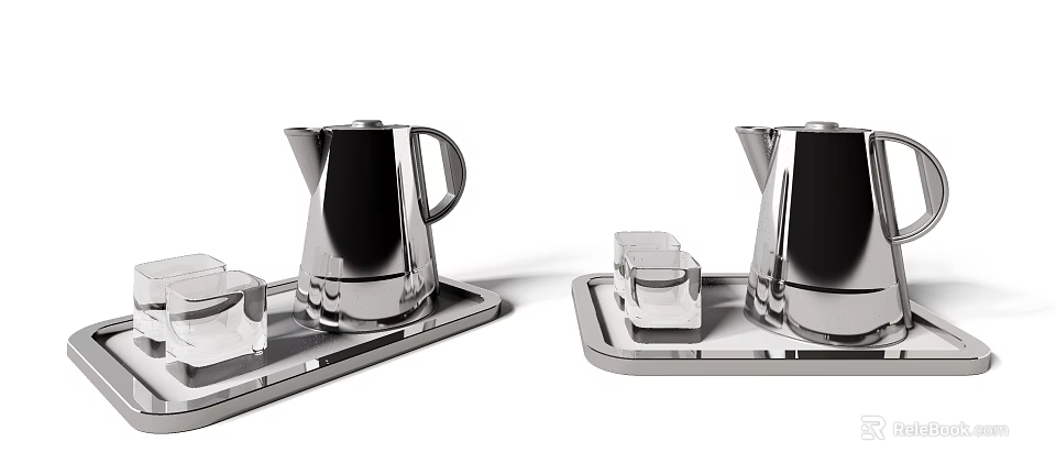Decorative Accessory Set with Silver Metal Kettles Metal Trays and Transparent Glass Cups 3d model 