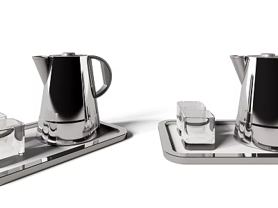 Decorative Accessory Set with Silver Metal Kettles Metal Trays and Transparent Glass Cups 3d model