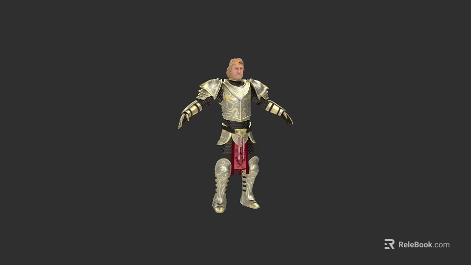Medieval Knight Game Movie Character In Golden Silver Armor With Red Accents 3d model 