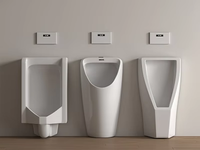 Modern Wall Mounted Urinals With Three Different Designs And Sensor Panels On White Wall 3d model