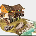 Traditional Cottage With Stone Walls Wooden Structure Tile Roof And Colorful Flags By Stream Rocks