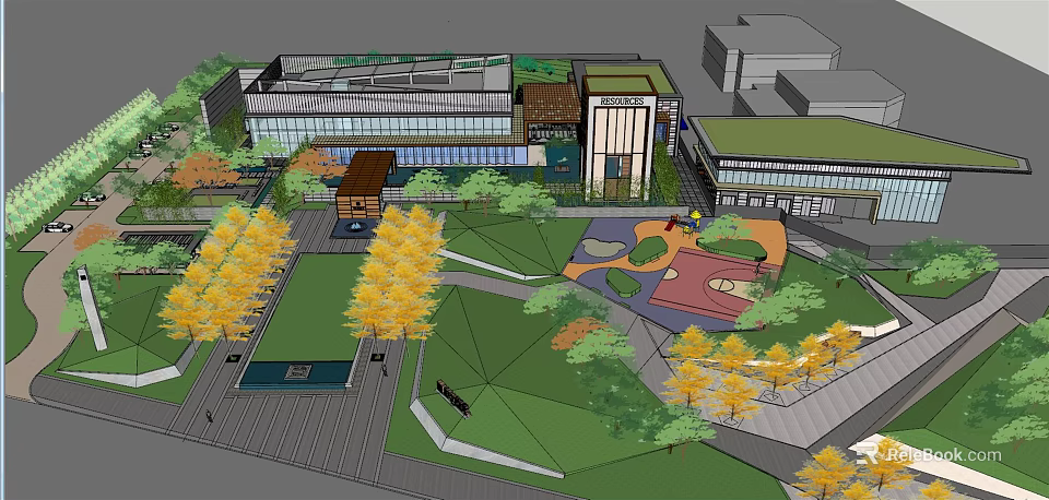 Modern Sales Office Building With Green Lawns Yellow Leaved Trees And Colorful Ground Plaza 3d model 