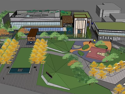 Modern Sales Office Building With Green Lawns Yellow Leaved Trees And Colorful Ground Plaza 3d model