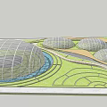 Modern Landscape Design With Domed Structures Green Lawns Winding Pathways And Water Feature