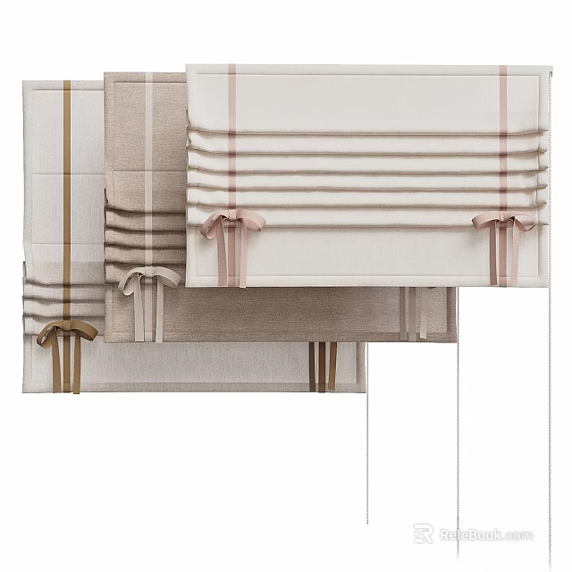 Elegant Beige And Brown Striped Window Curtains With Bowknot Decor And Linen Fabric 3d model 