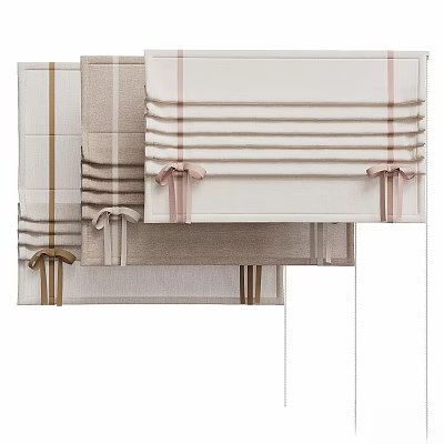 Elegant Beige And Brown Striped Window Curtains With Bowknot Decor And Linen Fabric 3d model