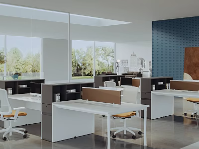 Modern Public Office Space Interior With Open Desks Ergonomic Chairs And Large Windows 3d model