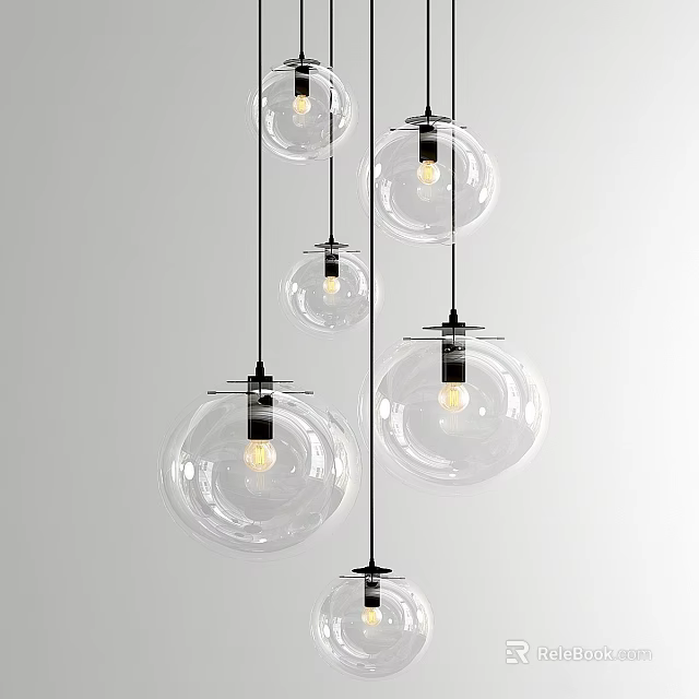 Modern Transparent Spherical Pendant Lights with Black Cords and Illuminated Bulbs Against White Background 3d model 