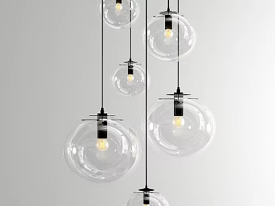 Modern Transparent Spherical Pendant Lights with Black Cords and Illuminated Bulbs Against White Background 3d model