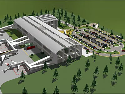 Modern Airport Terminal Design With Airplane Parking Lot And Green Trees 3d model