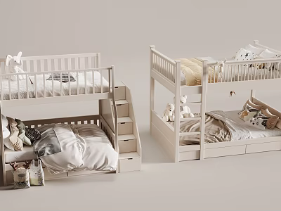 White Bunk Beds With Ladder Storage Drawers And Toys For Kids Room 3d model