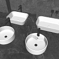 Three White Modern Bathroom Sinks With Square And Round Shapes On Marble Countertop