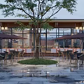 Modern Cafe Interior Design With Pendant Lights Large Windows And Wooden Tables Chairs