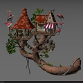 Enchanting Fairy Tale Treehouse Structure With Red Roof Wooden Details Green Plants And Pink Flowers