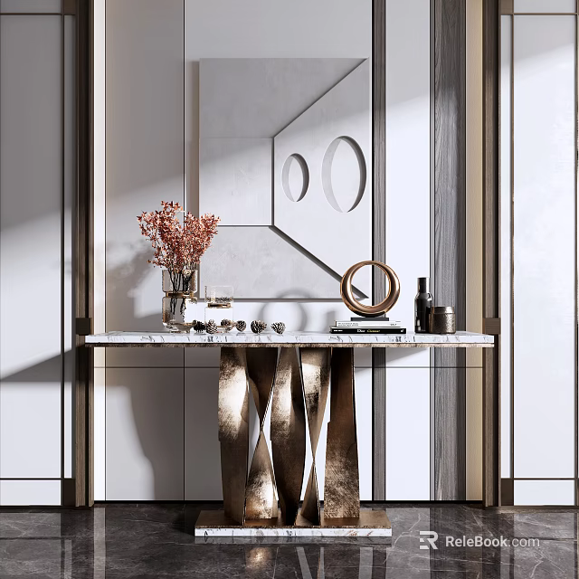 Elegant Console Table Interior With Marble Top Metal Legs And Decorative Mirror 3d model