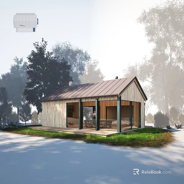Villa Balcony With Wooden Exterior Metal Roof And Surrounding Trees Glass Doors 3d model 