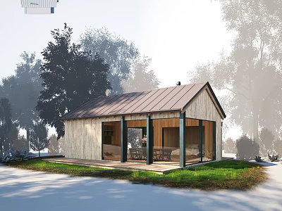 Villa Balcony With Wooden Exterior Metal Roof And Surrounding Trees Glass Doors 3d model