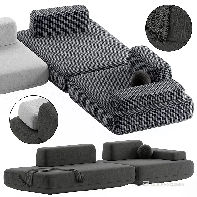 Gray And White Modular Sectional Sofa With Checkered Fabric And Comfortable Cushions 3d model 