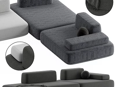 Gray And White Modular Sectional Sofa With Checkered Fabric And Comfortable Cushions 3d model
