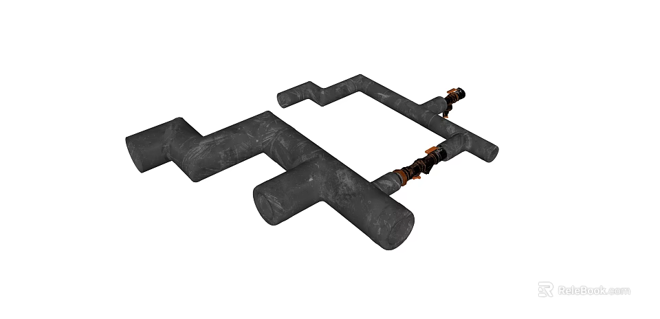 Black Industrial Pipes With T Shaped Joints And Metal Fittings 3d model 