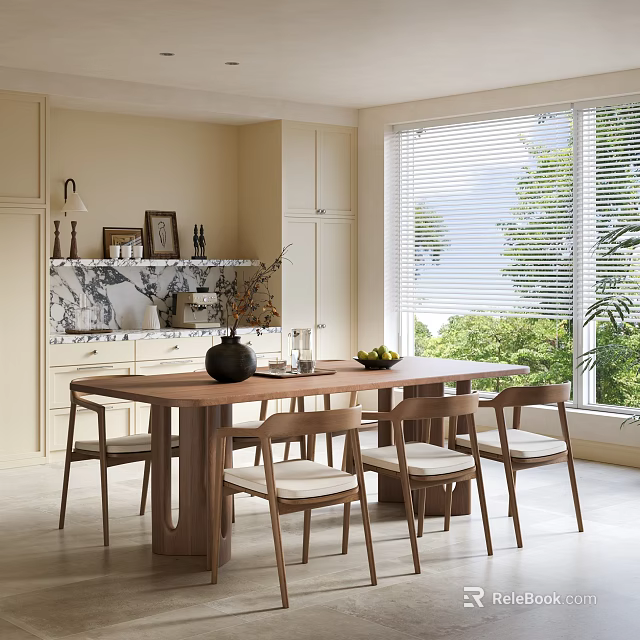 Modern Restaurant Interior With Wooden Dining Table Chairs Window Blinds And Green Plants Outside 3d model 
