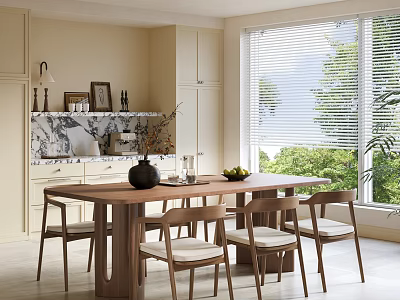 Modern Restaurant Interior With Wooden Dining Table Chairs Window Blinds And Green Plants Outside 3d model