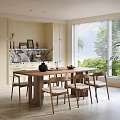 Modern Restaurant Interior With Wooden Dining Table Chairs Window Blinds And Green Plants Outside