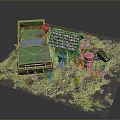 Miniature Rustic Scene With Green Truck Small Cabin Guitar And Red Bucket On Grass