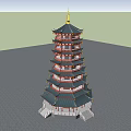 Traditional Chinese Pagoda with Multiple Floors Red Gold Decoration Curved Eaves Stone Stairs and Railings