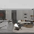 Modern Living and Dining Room Interior With Marble Wall Fireplace Sofa And Dining Table