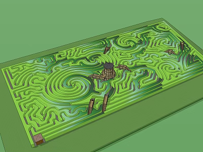 Green Park Maze Landscape Featuring Central Tower And Winding Pathways 3d model
