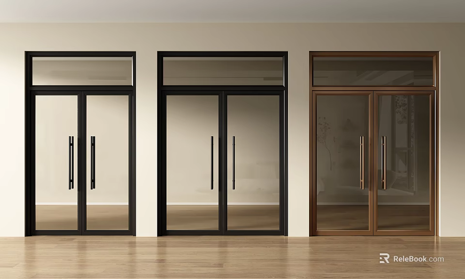 Brown And Black Glass Double Doors With Metal Handles In Wooden Floor Interior 3d model 