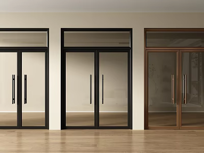 Brown And Black Glass Double Doors With Metal Handles In Wooden Floor Interior 3d model