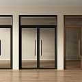 Brown And Black Glass Double Doors With Metal Handles In Wooden Floor Interior